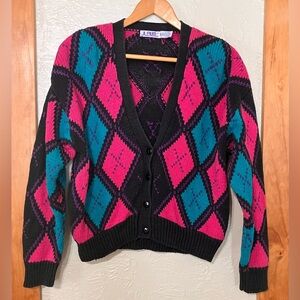 Vintage JL Plum Argyle Cardigan Sweater - Pink and Teal
